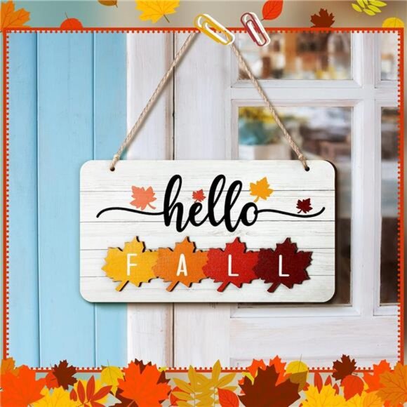 Hello Fall Winter Spring Summer Sign Rustic Wood Decor Farmhouse Wall Hanging - Picture 4 of 8